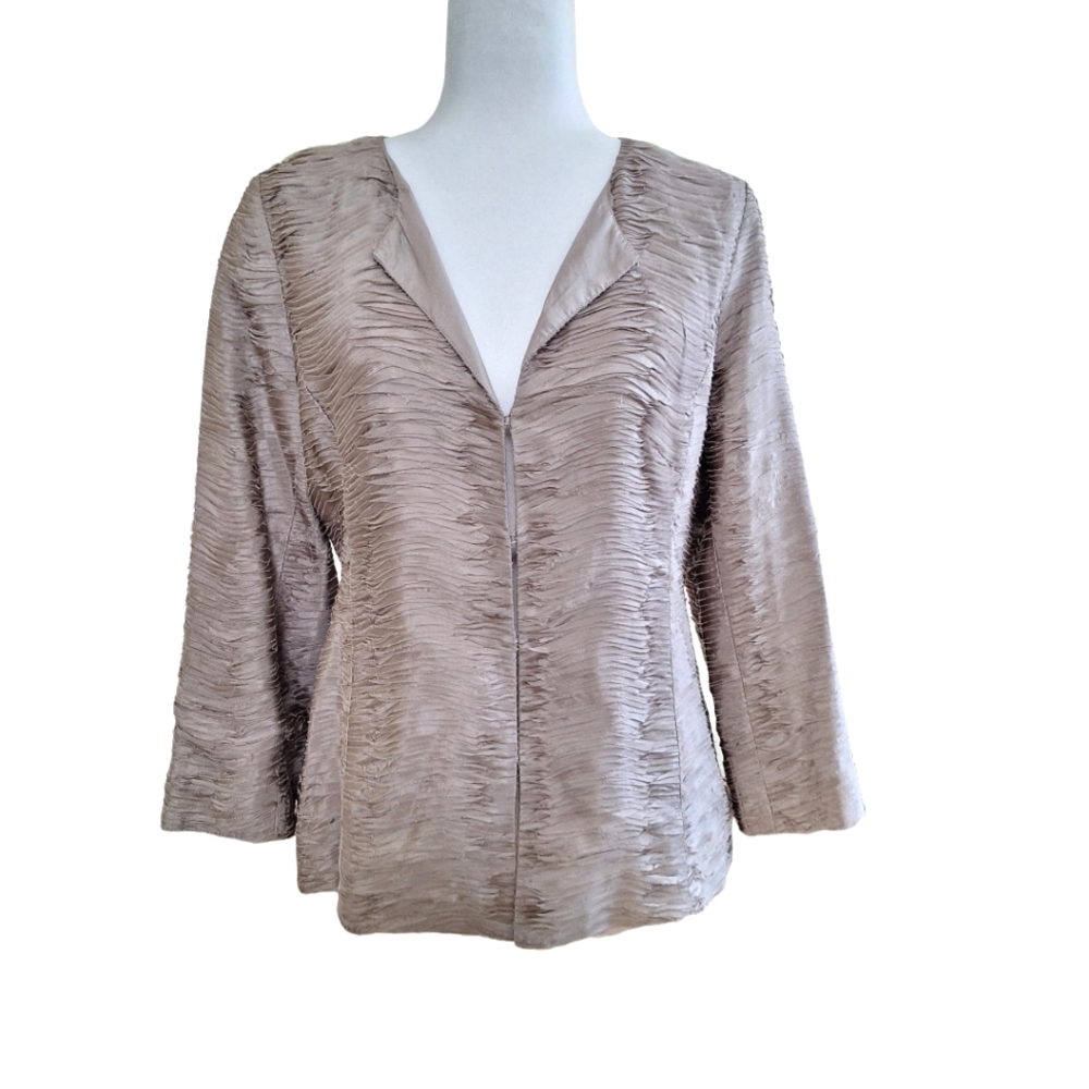 Eileen Fisher Women's Tan Taupe Silk Ripple 3/4 Sleeve Blazer Jacket szS